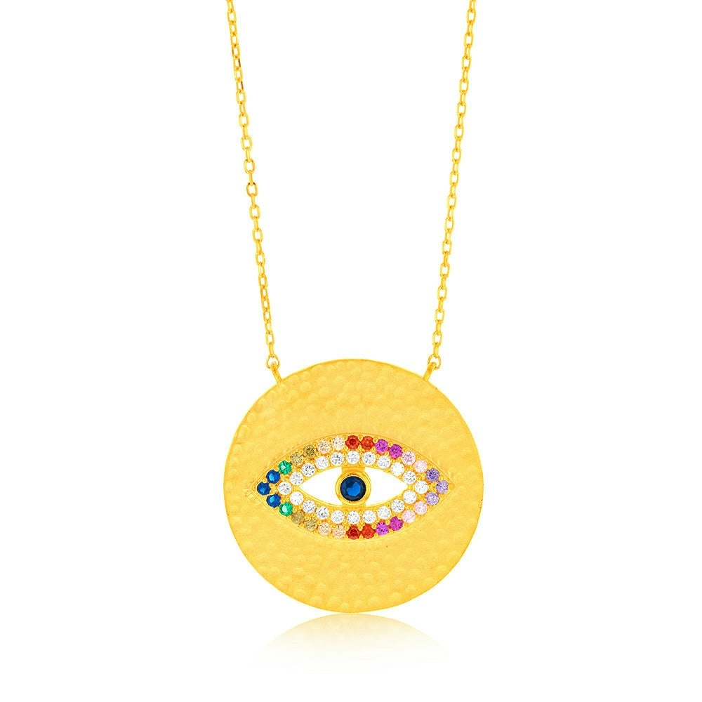 Sterling Silver Gold Plated Multicolour Zirconia Evil Eye Round Disc Pendant On 45cm Chain