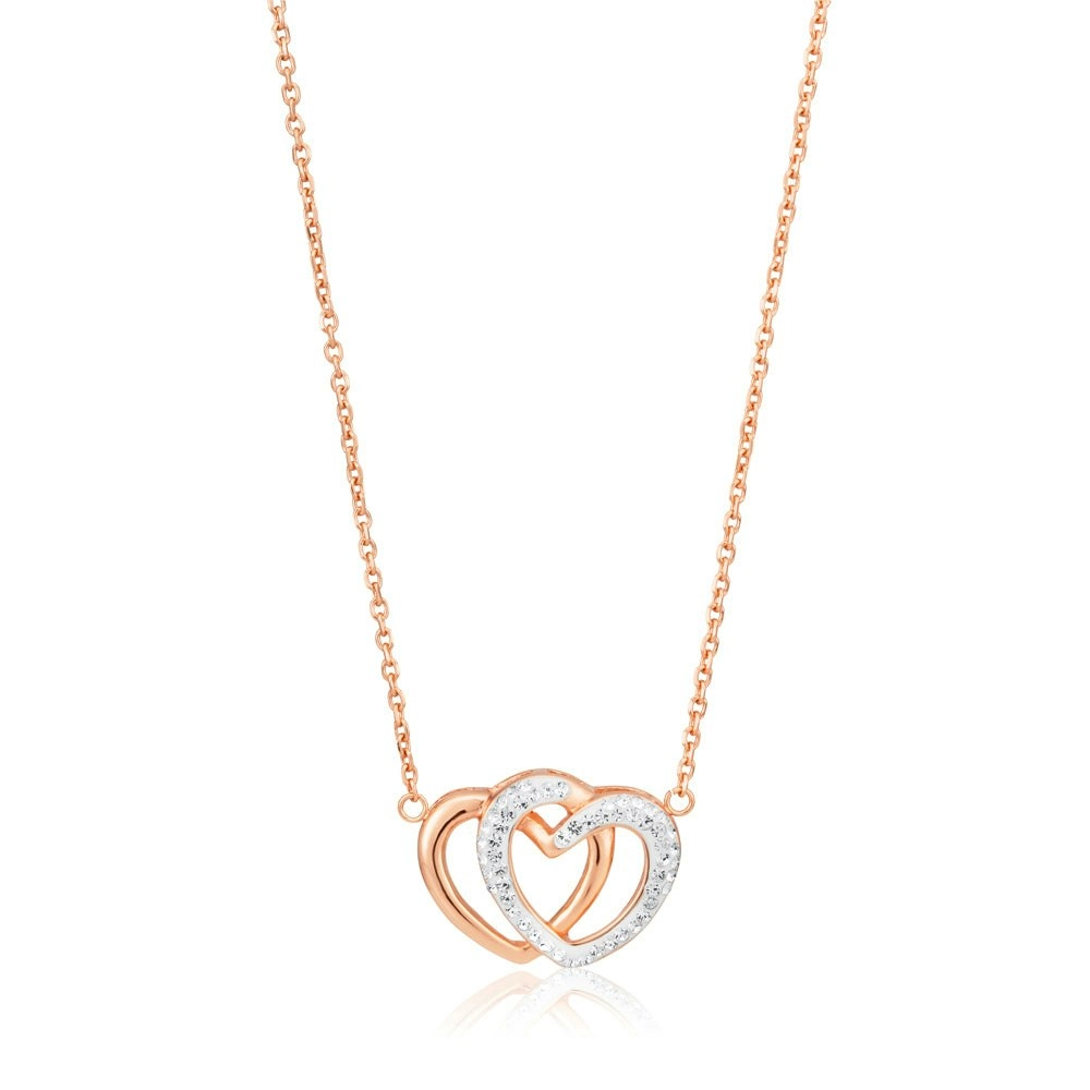 Rose Gold Plated Stainless Steel Crystal Double Heart Pendant with 43cm + 6.5cm Chain