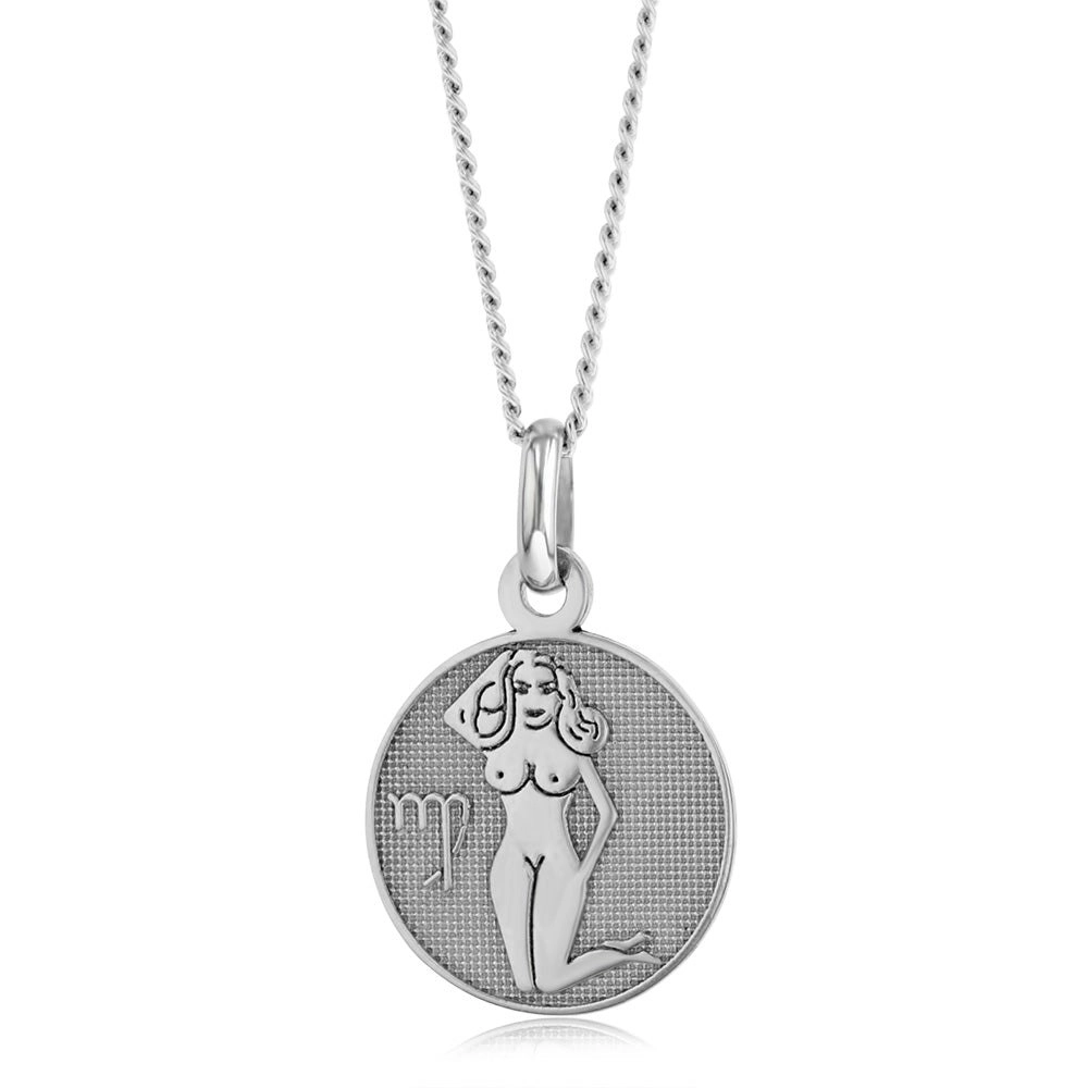 Sterling Silver Rhodium Plated Round Zodiac Virgo Pendant