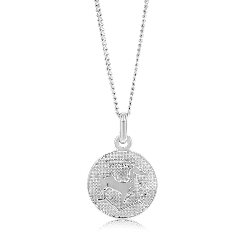 Sterling Silver Rhodium Plated Round Zodiac Capricorn Pendant