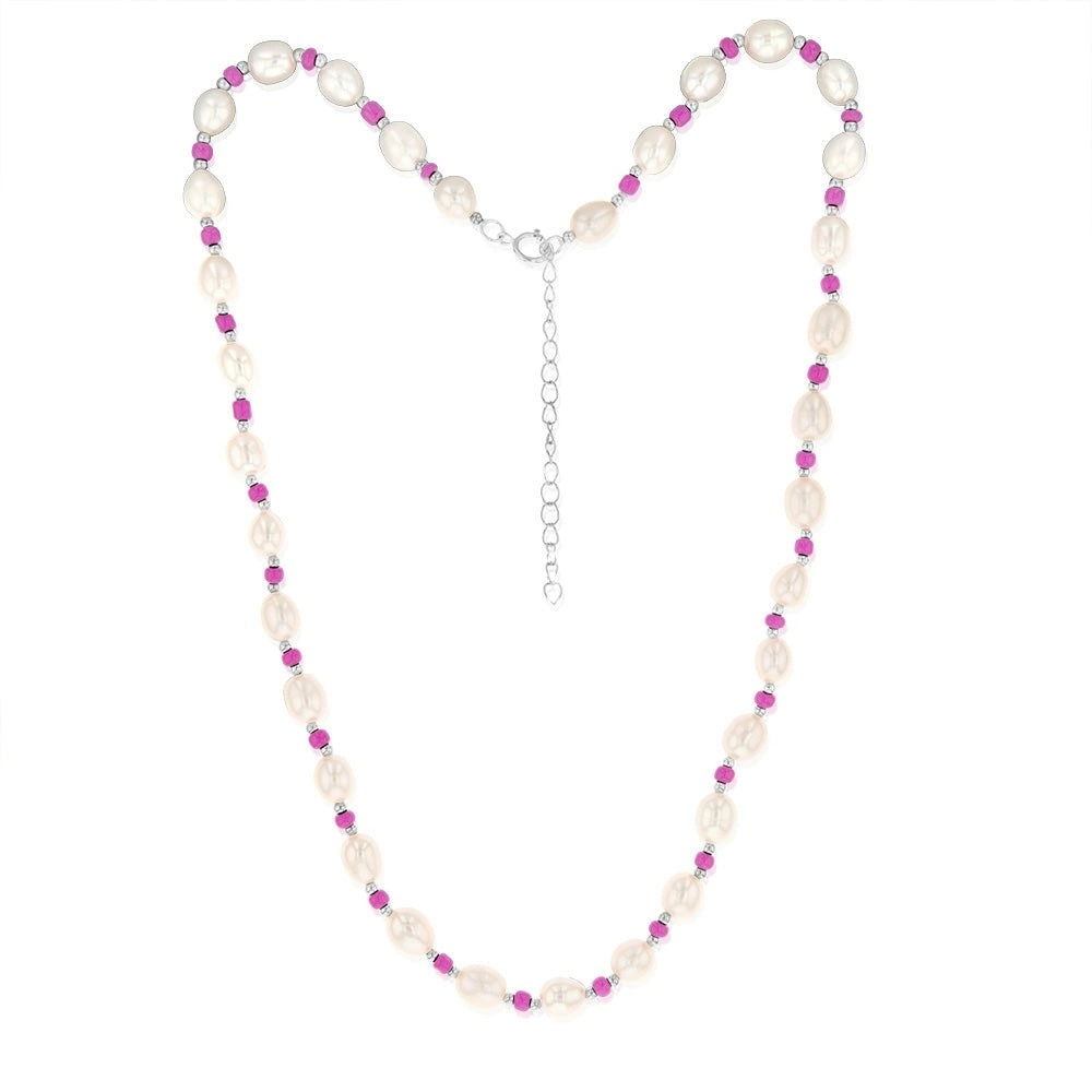 White Freshwater Pearl Chain with Pink & Silver Beads in Sterling Silver