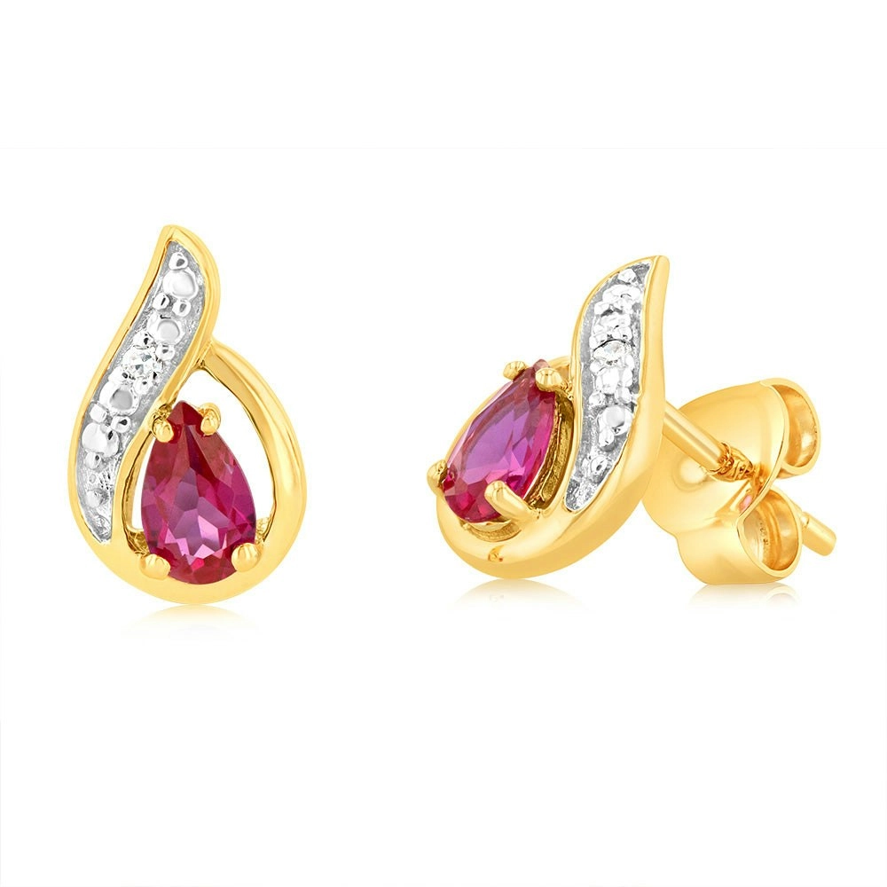 Created Ruby 3x5mm Stud Earrings in 9ct Yellow Gold