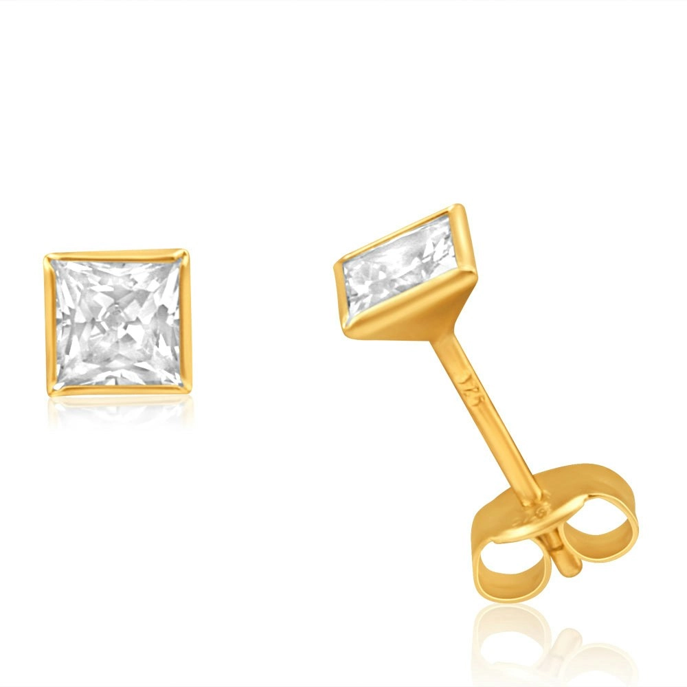 9ct Yellow Gold Cubic Zirconia 4mm Princess Cut Stud Earrings