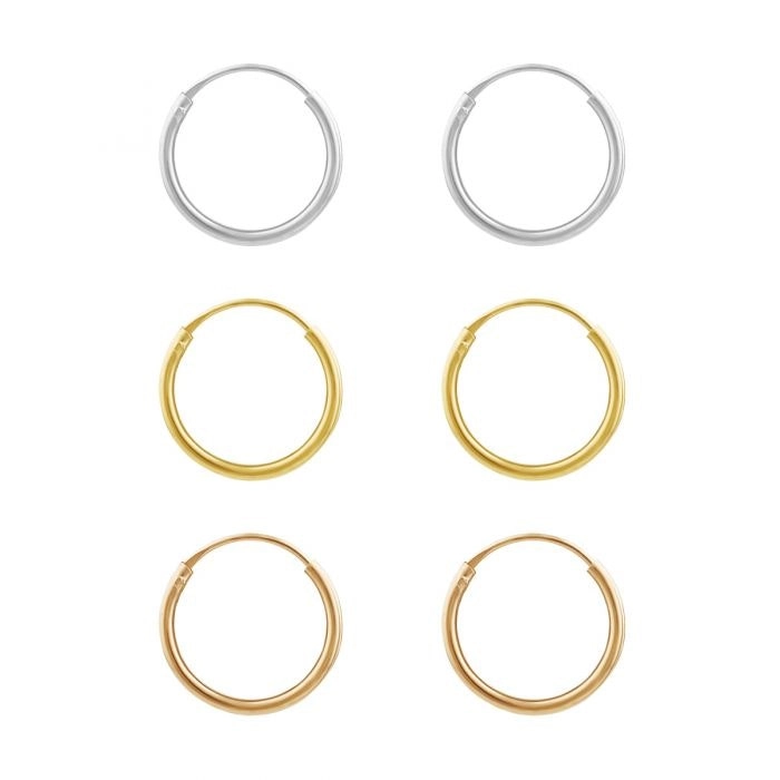 Sterling Silver Gold and Rose Plated Set of 3 12mm Sleeper Earrings