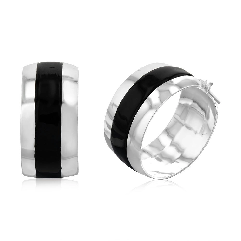 Sterling Silver Black Enamel On Broad 23mm Hoop Earrings