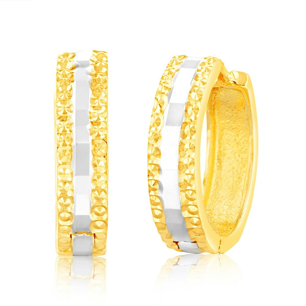 9ct Yellow And White Gold Patterned Fancy Hoops