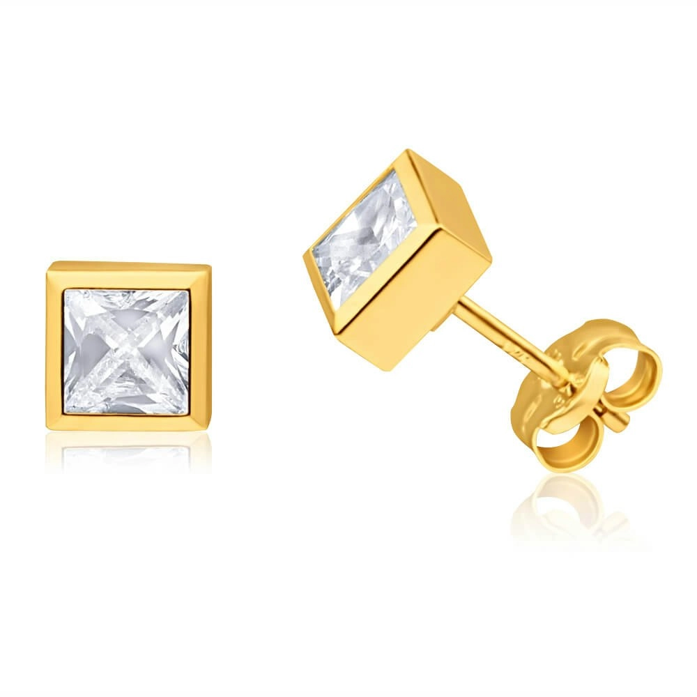 9ct Yellow Gold Cubic Zirconia 5mm Princess Stud Earrings