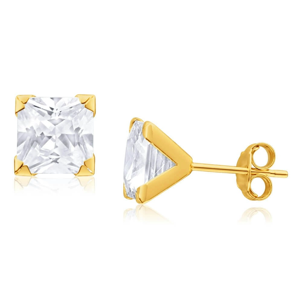 9ct Yellow Gold Cubic Zirconia 7mm Princess Cut Stud Earrings