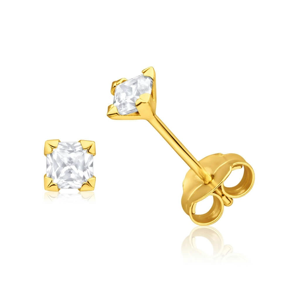 9ct Yellow Gold Cubic Zirconia 3mm Princess Cut Stud Earrings