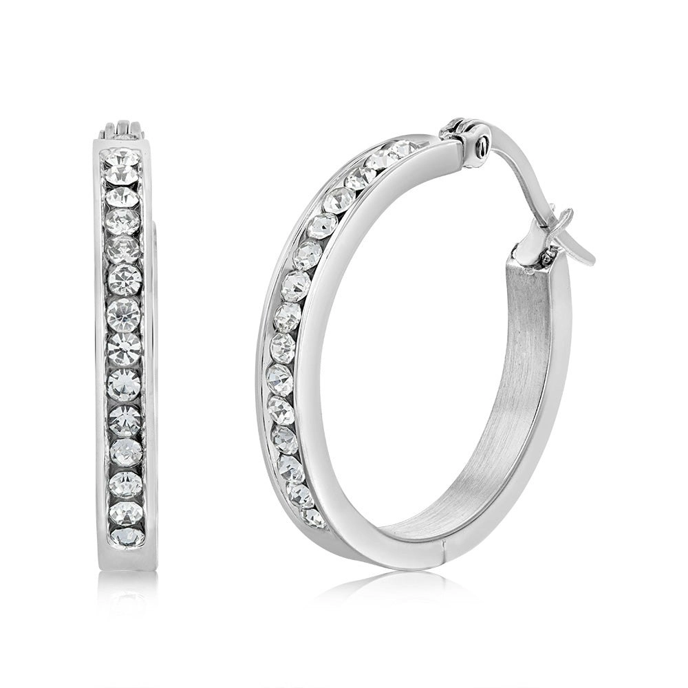 Stainless Steel 25mm Half Circle Crystal Hoop Earrings