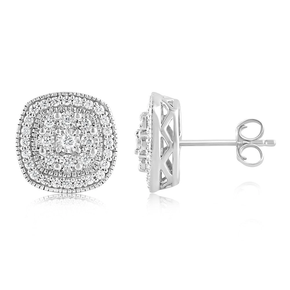 Sterling Silver 0.45 Carat Diamond Cushion Shape Cluster Stud Earrings with Round Brilliant Diamonds