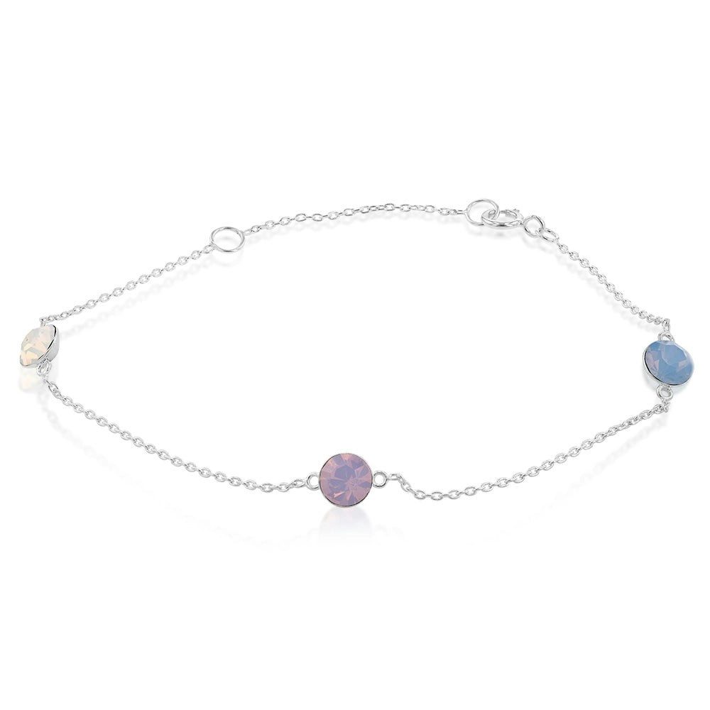 Sterling Silver Colour Stones Rose,White,Crysolite Charm 19cm Bracelet