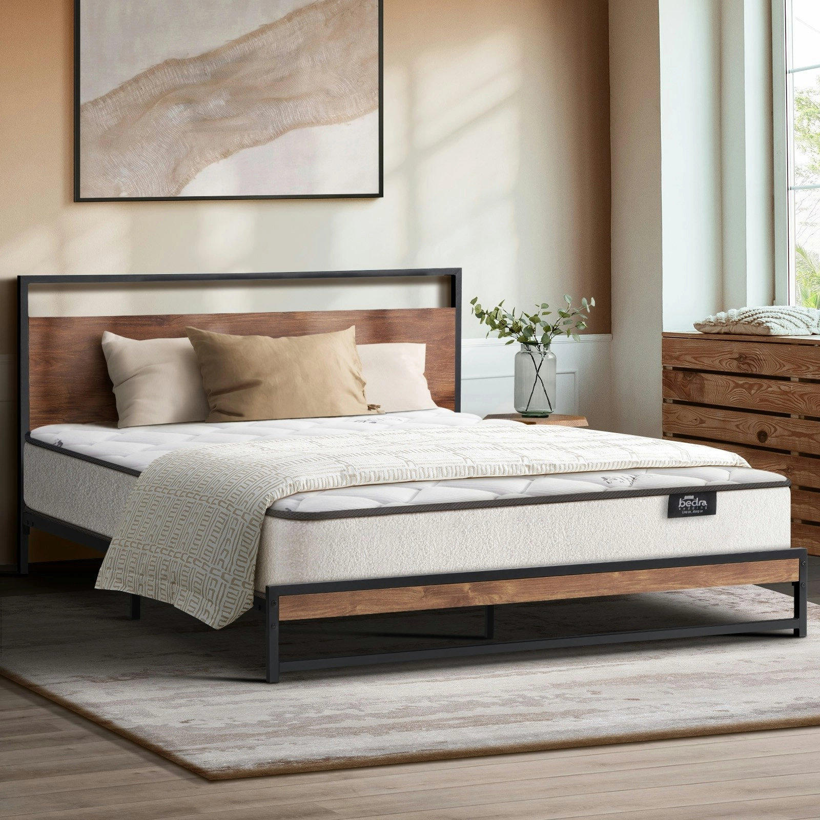 Oikiture Metal Bed Frame Double Size Beds Platform with Mattress