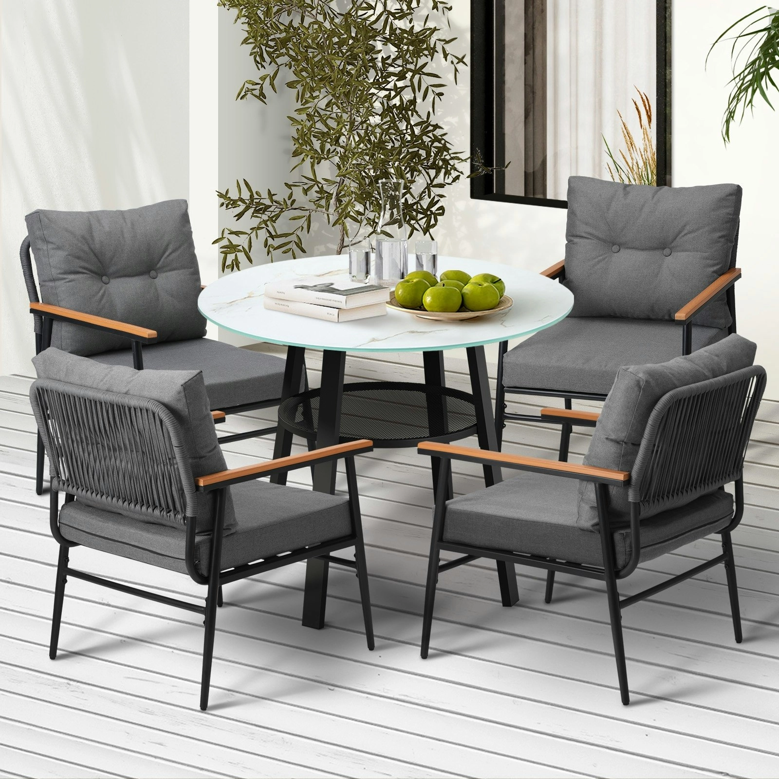 Livsip Outdoor Dining Set Patio Furniture 5PCS Garden Lounge Setting Table w/Storage Shelf