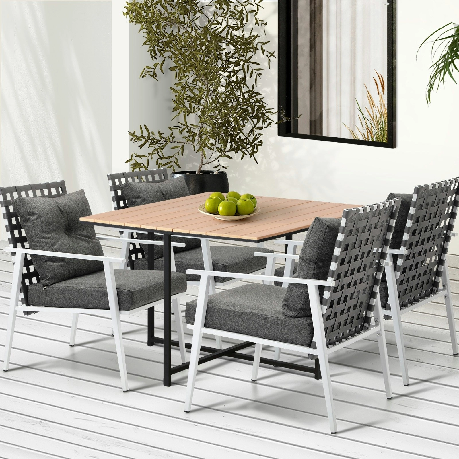 Livsip Outdoor Dining Set Patio Furniture Garden Rattan White Chairs Setting 4 Seater