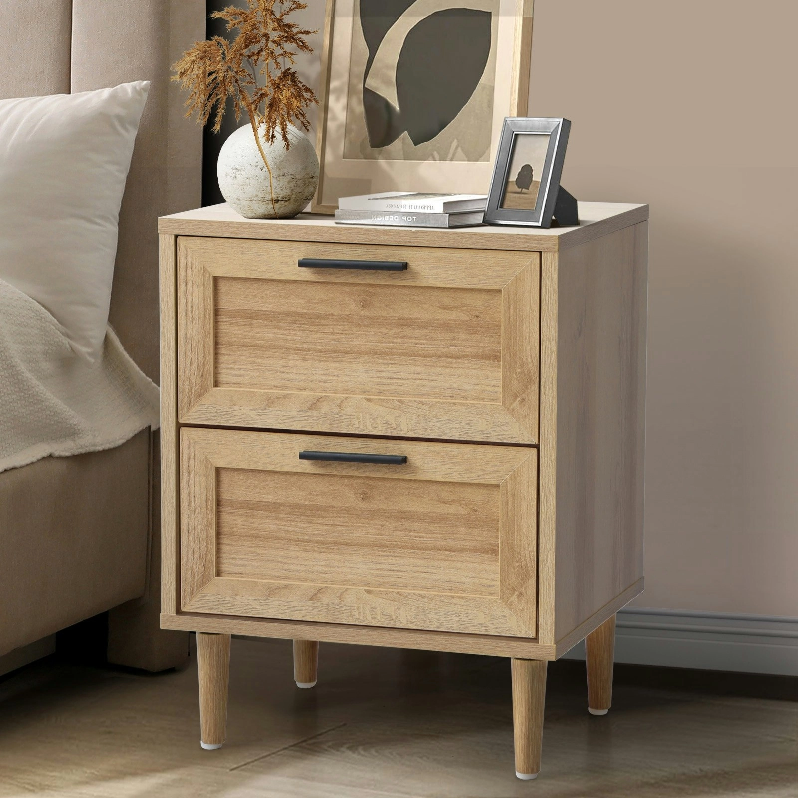 Oikiture Bedside Table Nightstand 2 Drawers Side End Table Storage Natural