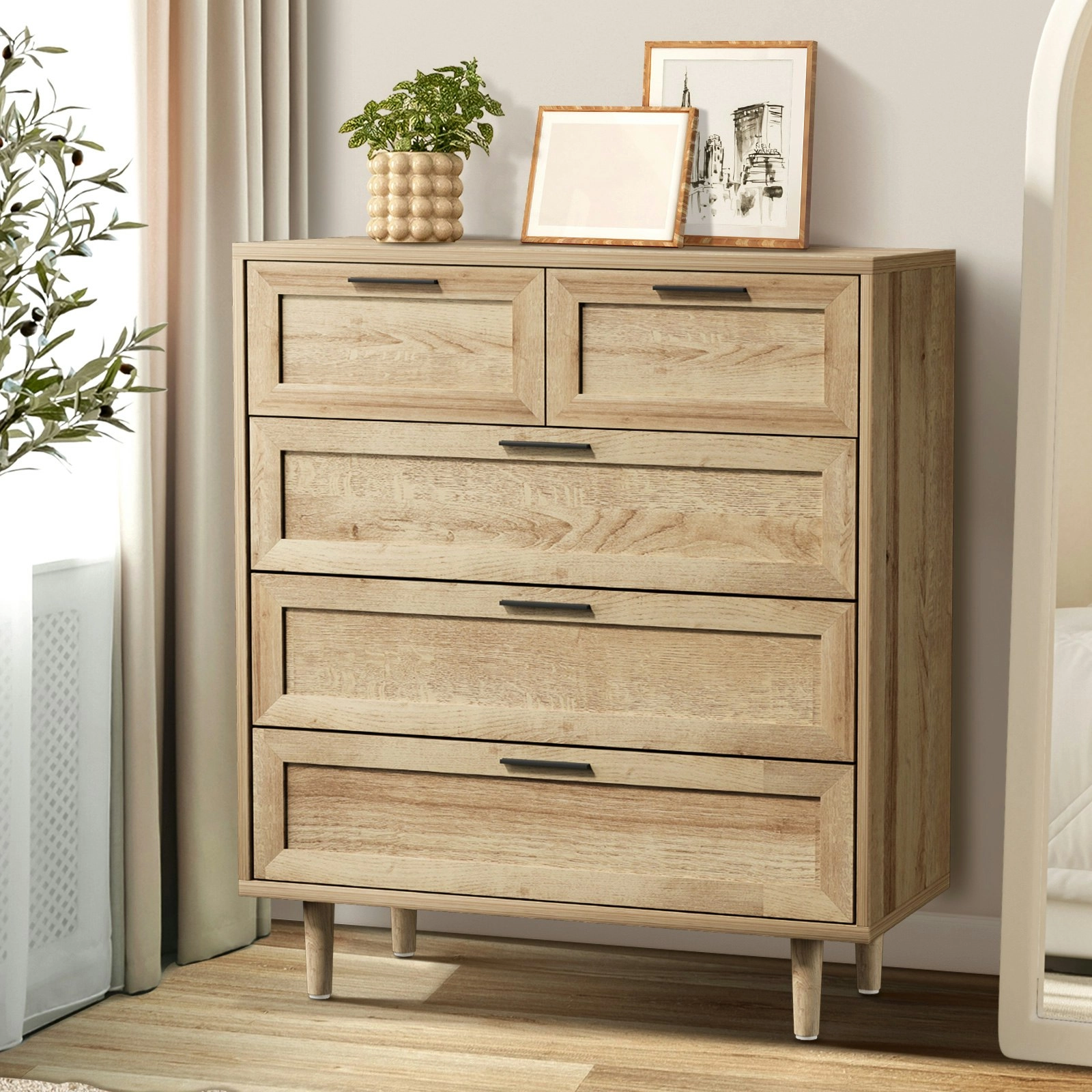 Oikiture 5 Chest of Drawers Dresser Chest Storage Cabinet Tallboy Natural