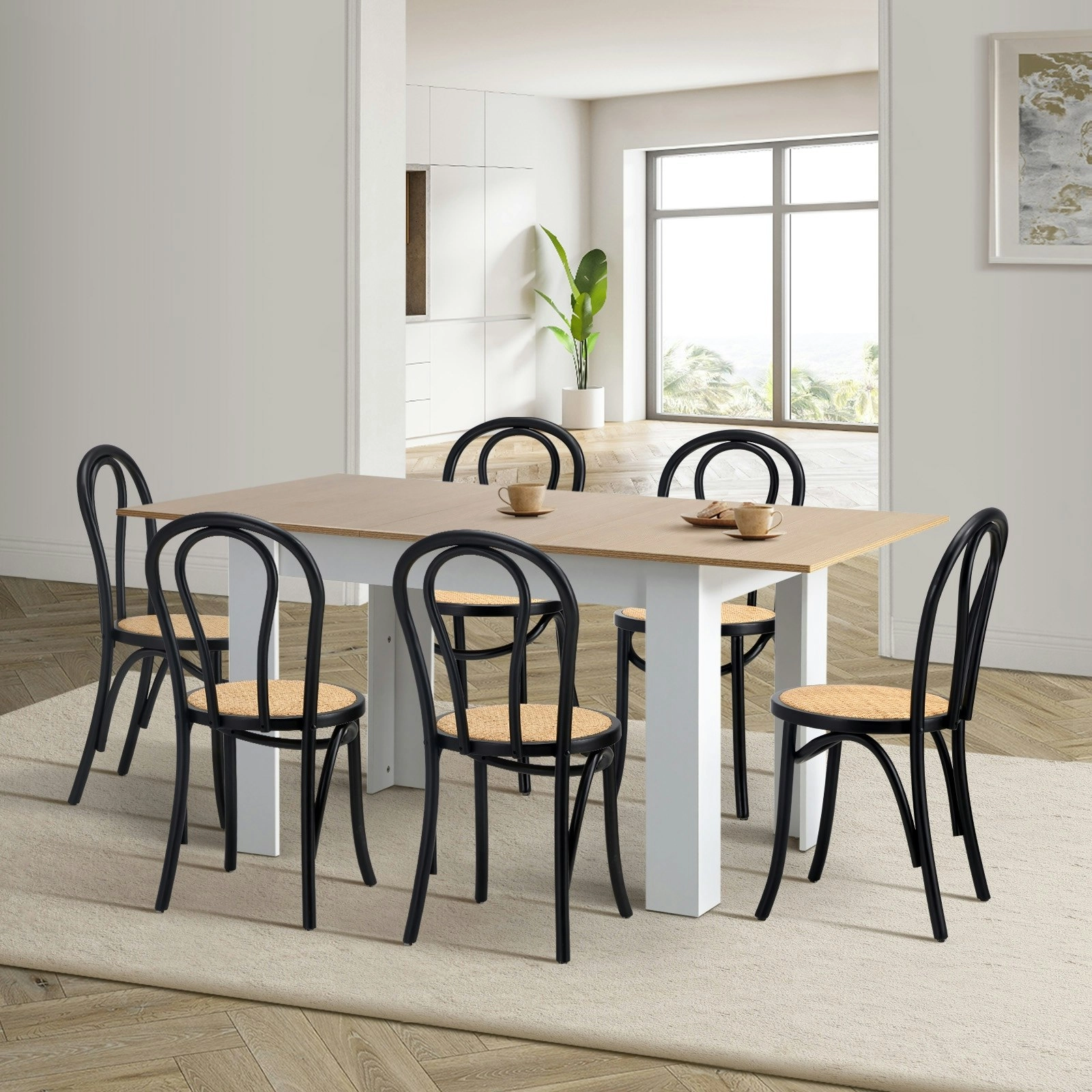 Oikiture 7PCS Dining sets 160cm Extendable Table with Crossback Chairs Black