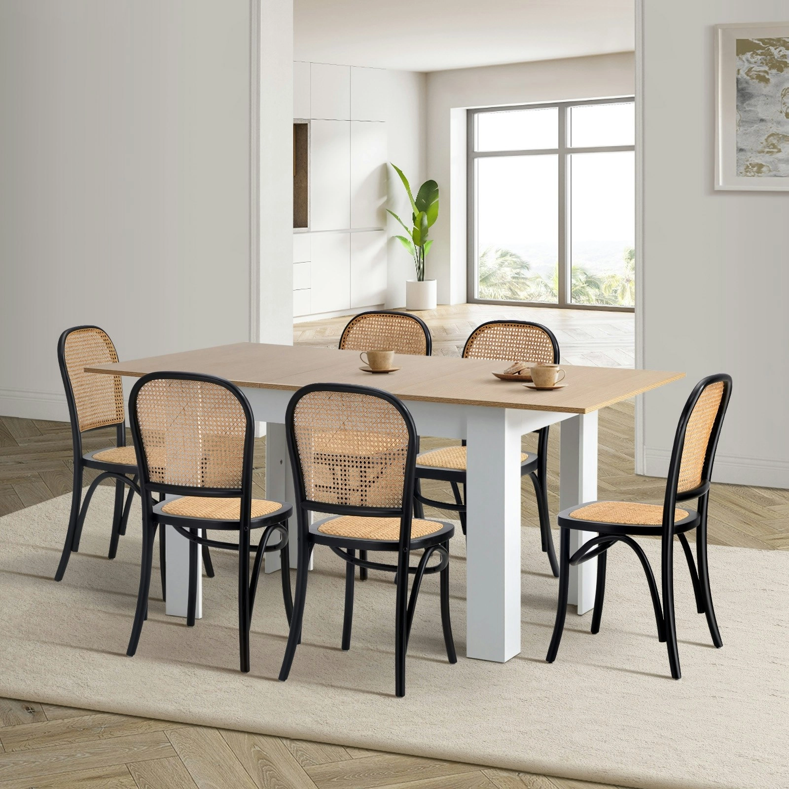 Oikiture 7PCS Dining sets 160cm Extendable Table with Chairs Rattan Black