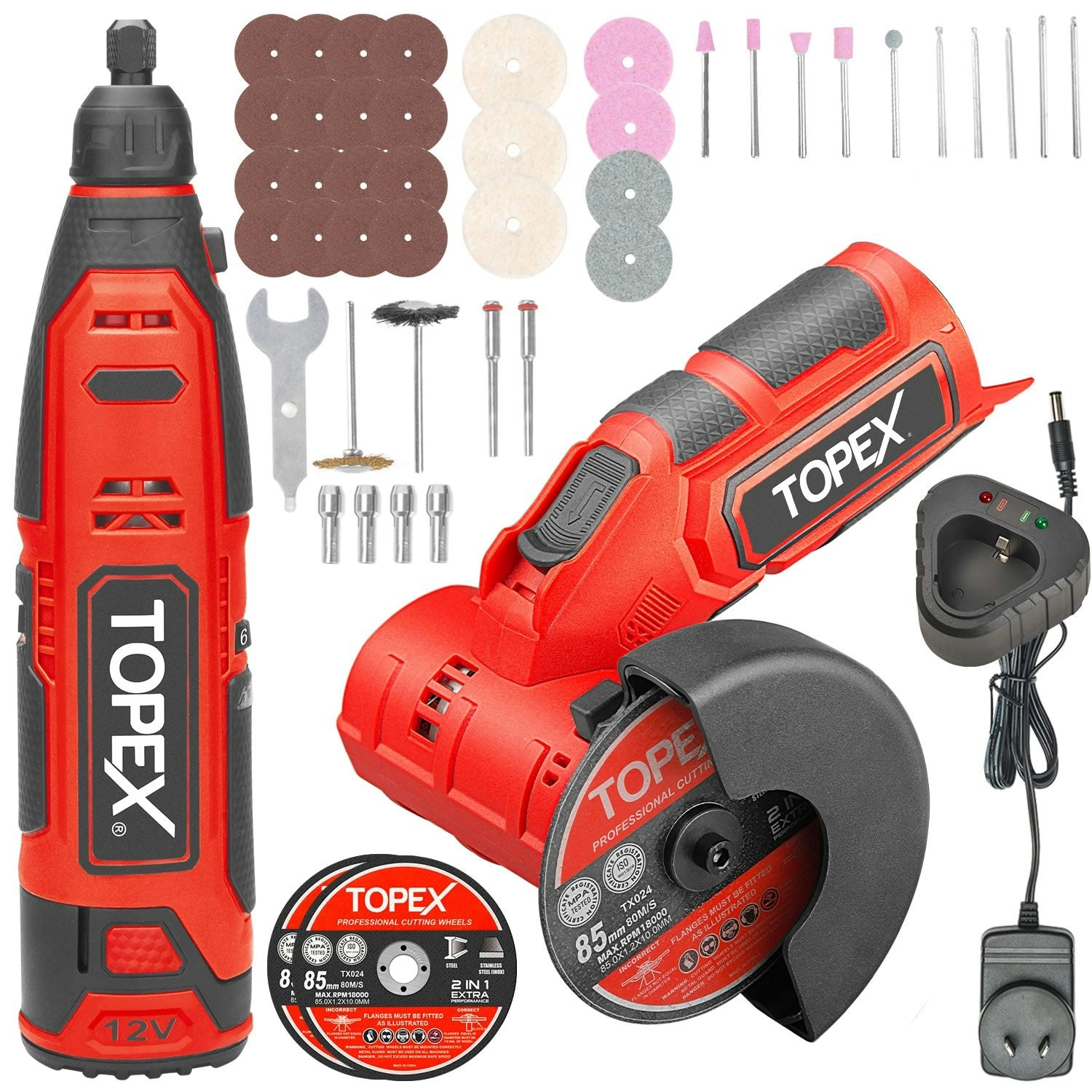 Topex 12V Cordless Rotary Tool  W/12V Cordless Angle Grinder & Lithium Battery