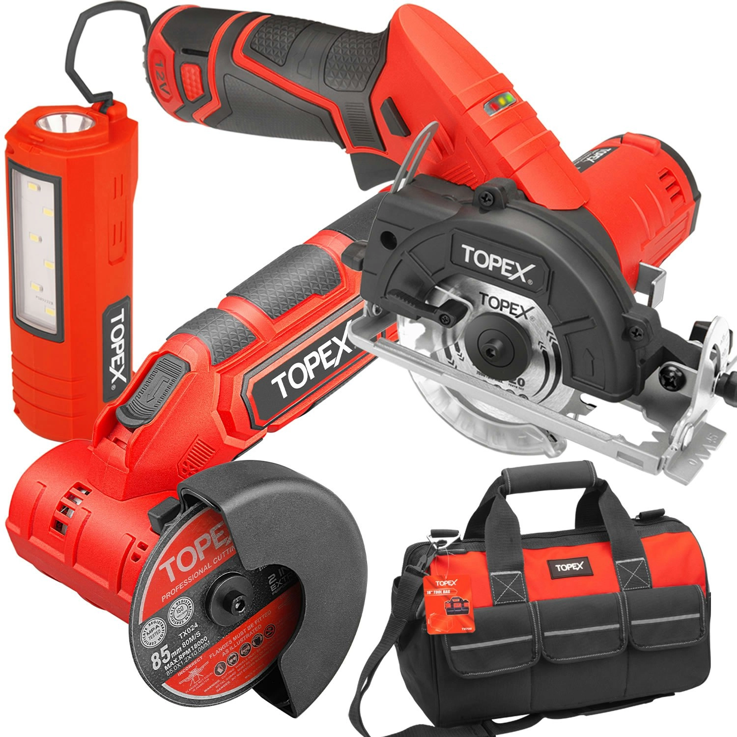 Topex 12V Cordless Power Tool Kit Angle Grinder Circular Saw LED Torch