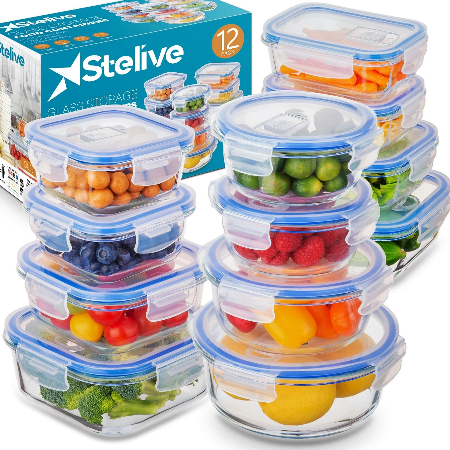 Stelive 12 PCS Glass Food Storage Containers with Lids Airtight Food Containers Leakproof Lunch box BPA Free Kitchen Storage Glass Container