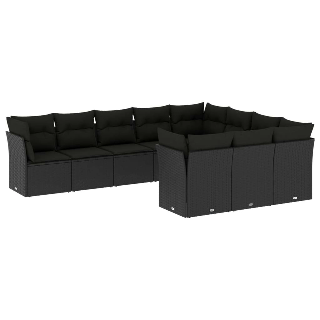 10 Piece Garden Sofa Set with Cushions Black Poly Rattan 3218215