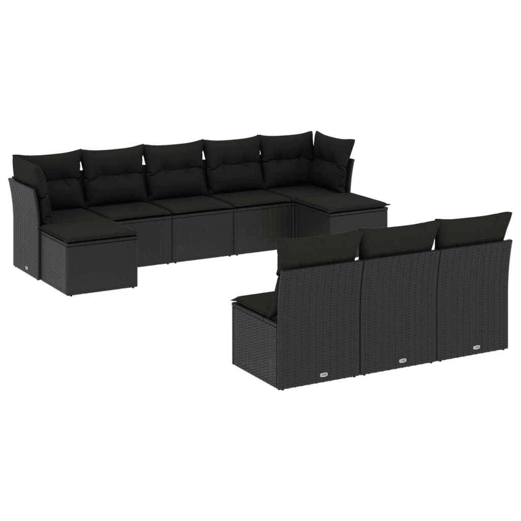 10 Piece Garden Sofa Set with Cushions Black Poly Rattan 3218285