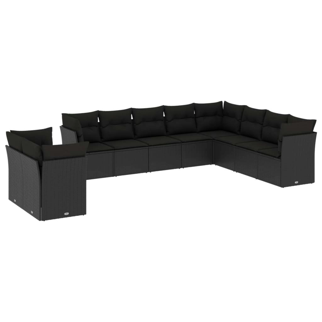 10 Piece Garden Sofa Set with Cushions Black Poly Rattan 3217855