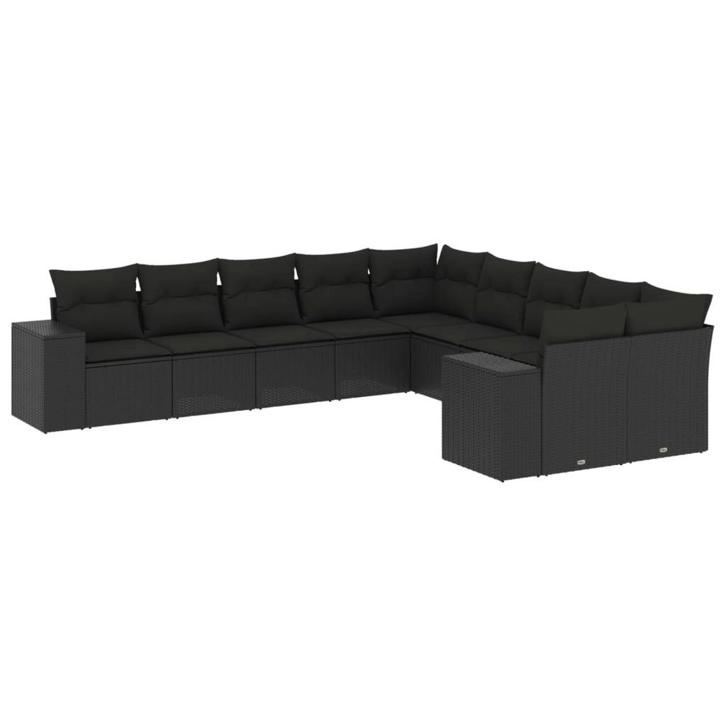 10 Piece Garden Sofa Set with Cushions Black Poly Rattan 3255442