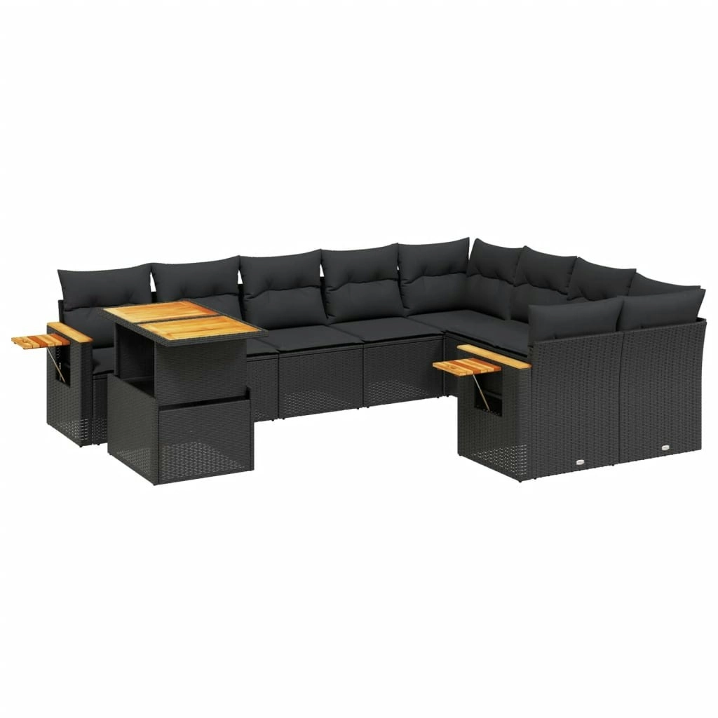 10 Piece Garden Sofa Set with Cushions Black Poly Rattan 3273680