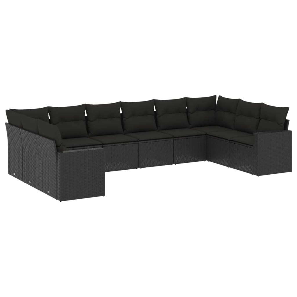 10 Piece Garden Sofa Set with Cushions Black Poly Rattan 3219455