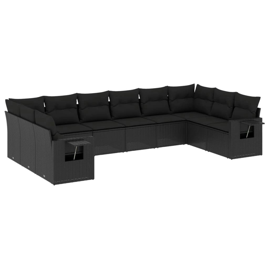 10 Piece Garden Sofa Set with Cushions Black Poly Rattan 3220664