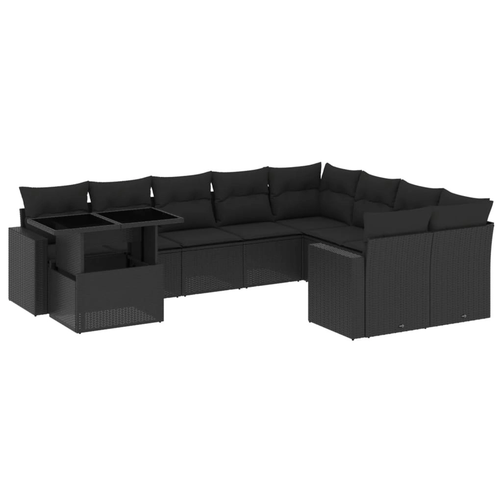 10 Piece Garden Sofa Set with Cushions Black Poly Rattan 3267505