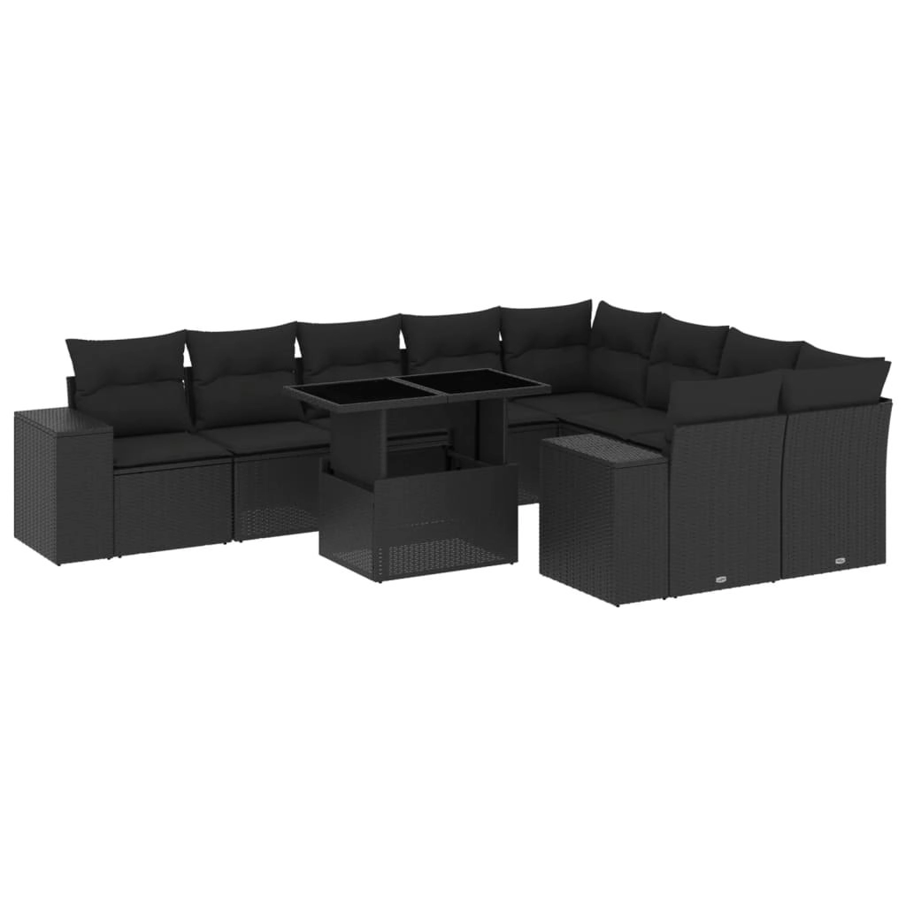 10 Piece Garden Sofa Set with Cushions Black Poly Rattan 3269385