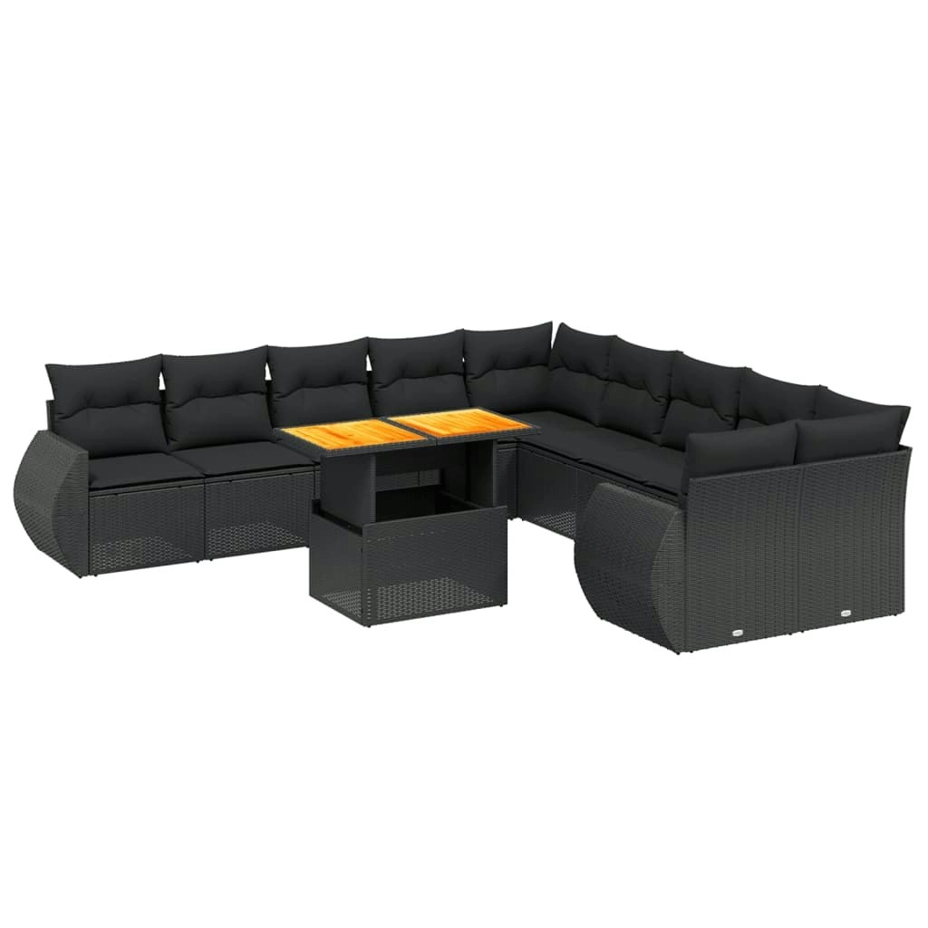 11 Piece Garden Sofa Set with Cushions Black Poly Rattan 3272385