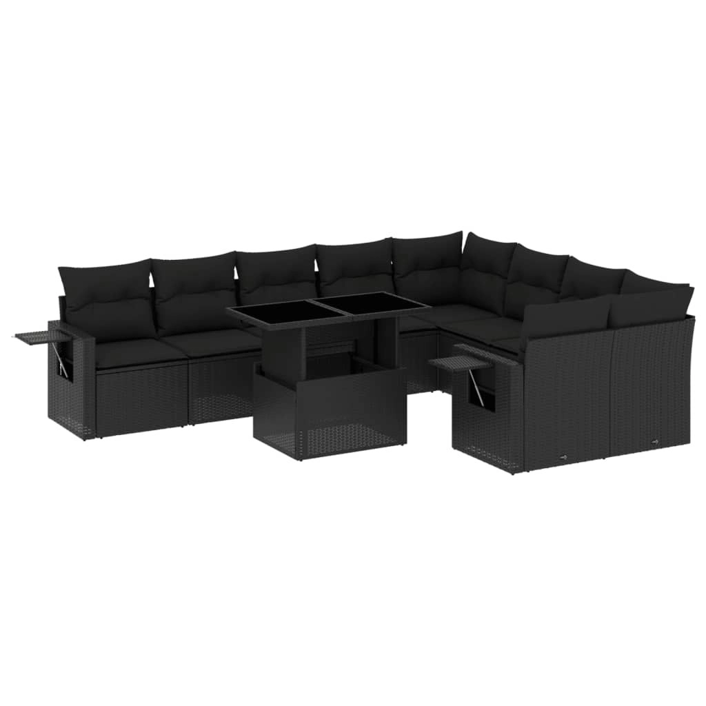 10 Piece Garden Sofa Set with Cushions Black Poly Rattan 3268125