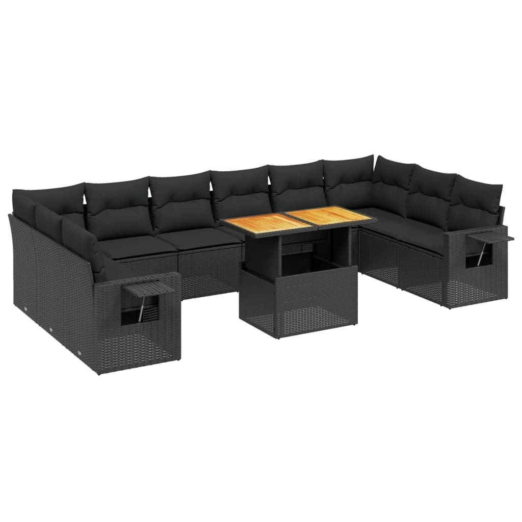 11 Piece Garden Sofa Set with Cushions Black Poly Rattan 3271923