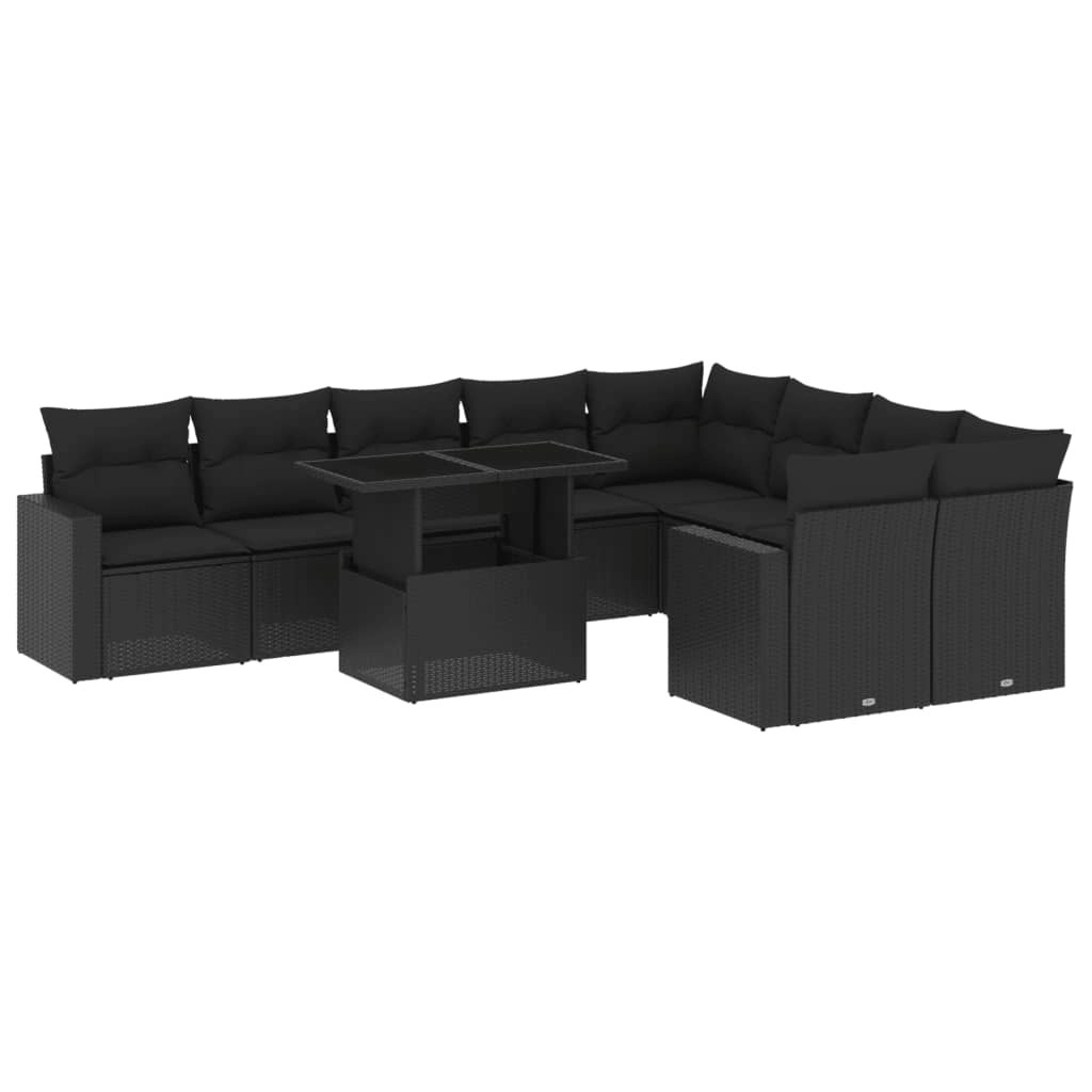 10 Piece Garden Sofa Set with Cushions Black Poly Rattan 3267495