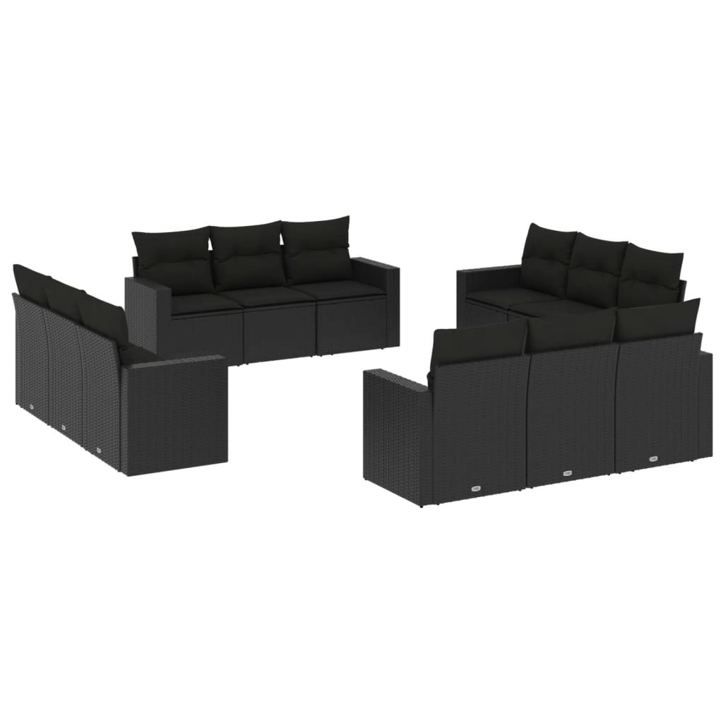 12 Piece Garden Sofa Set with Cushions Black Poly Rattan 3218755