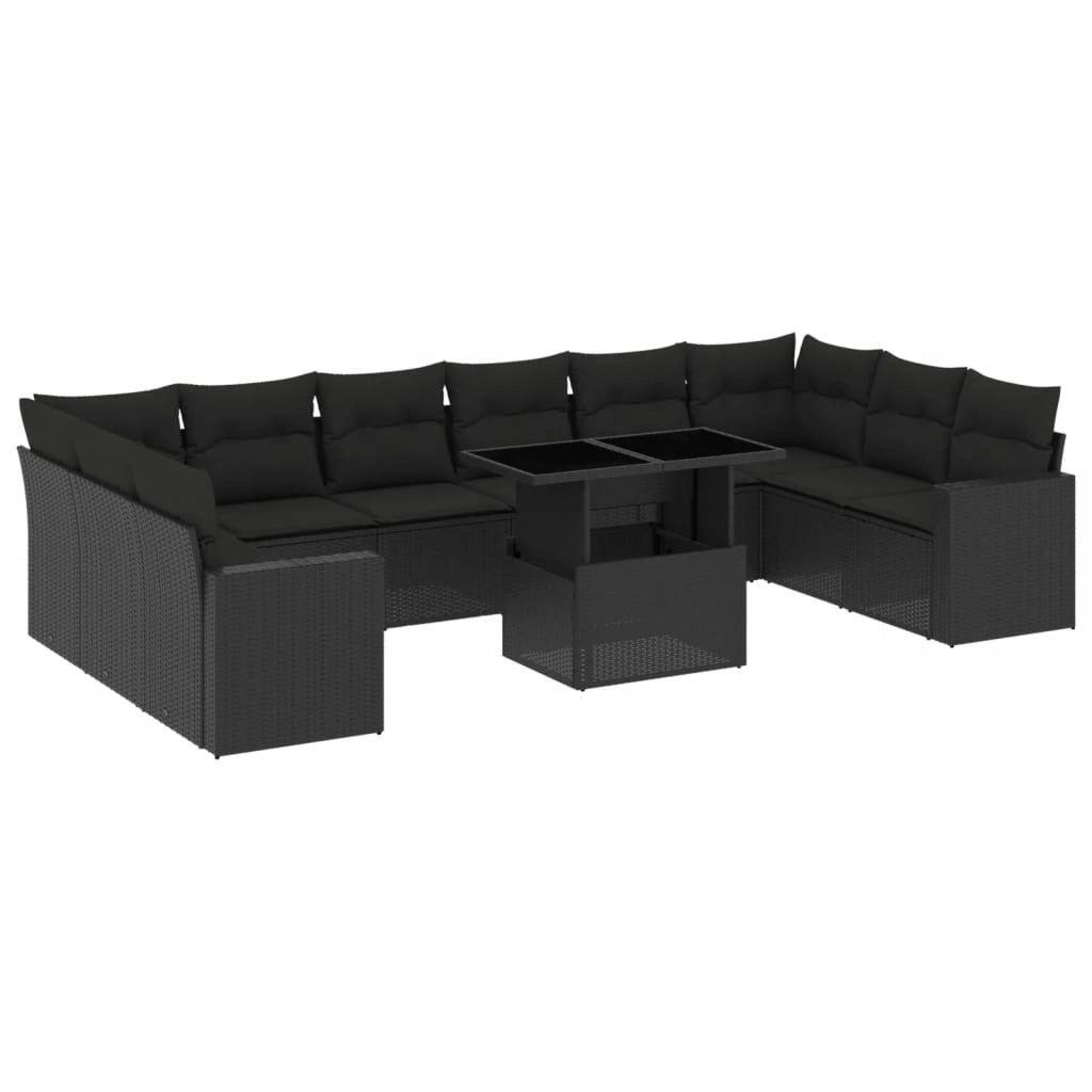 11 Piece Garden Sofa Set with Cushions Black Poly Rattan 3267515