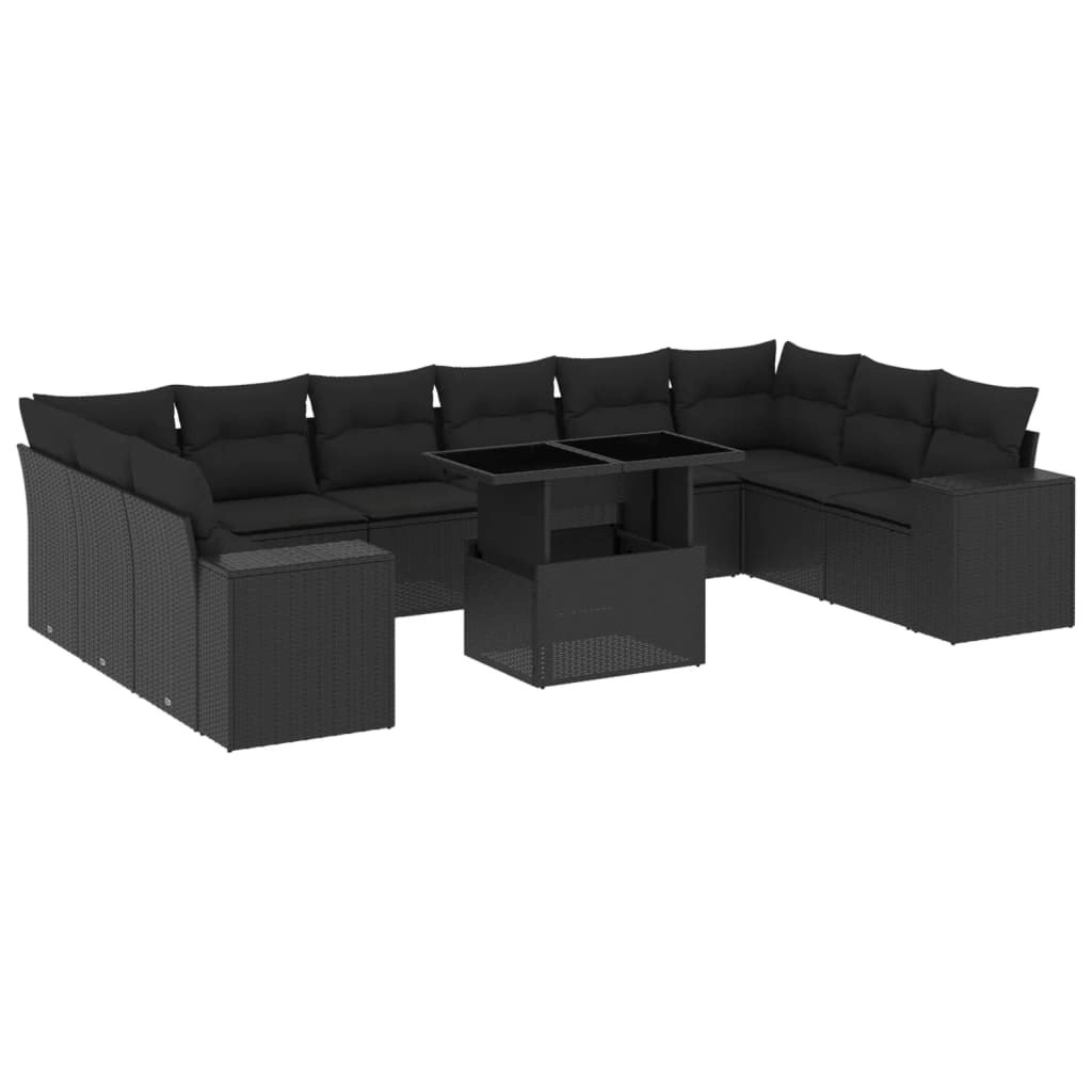 11 Piece Garden Sofa Set with Cushions Black Poly Rattan 3269405