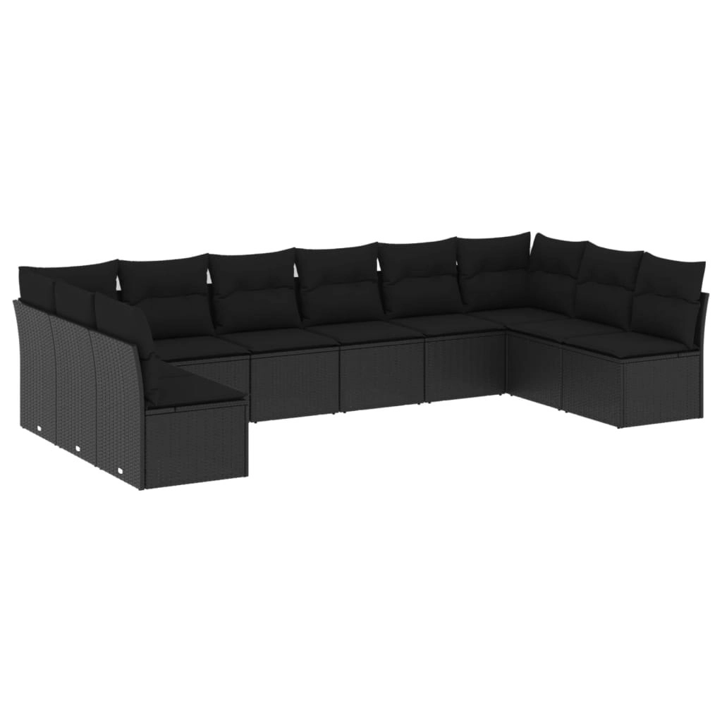 10 Piece Garden Sofa Set with Cushions Black Poly Rattan 3218085