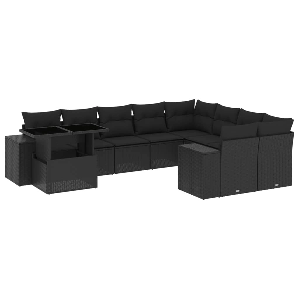 10 Piece Garden Sofa Set with Cushions Black Poly Rattan 3269395