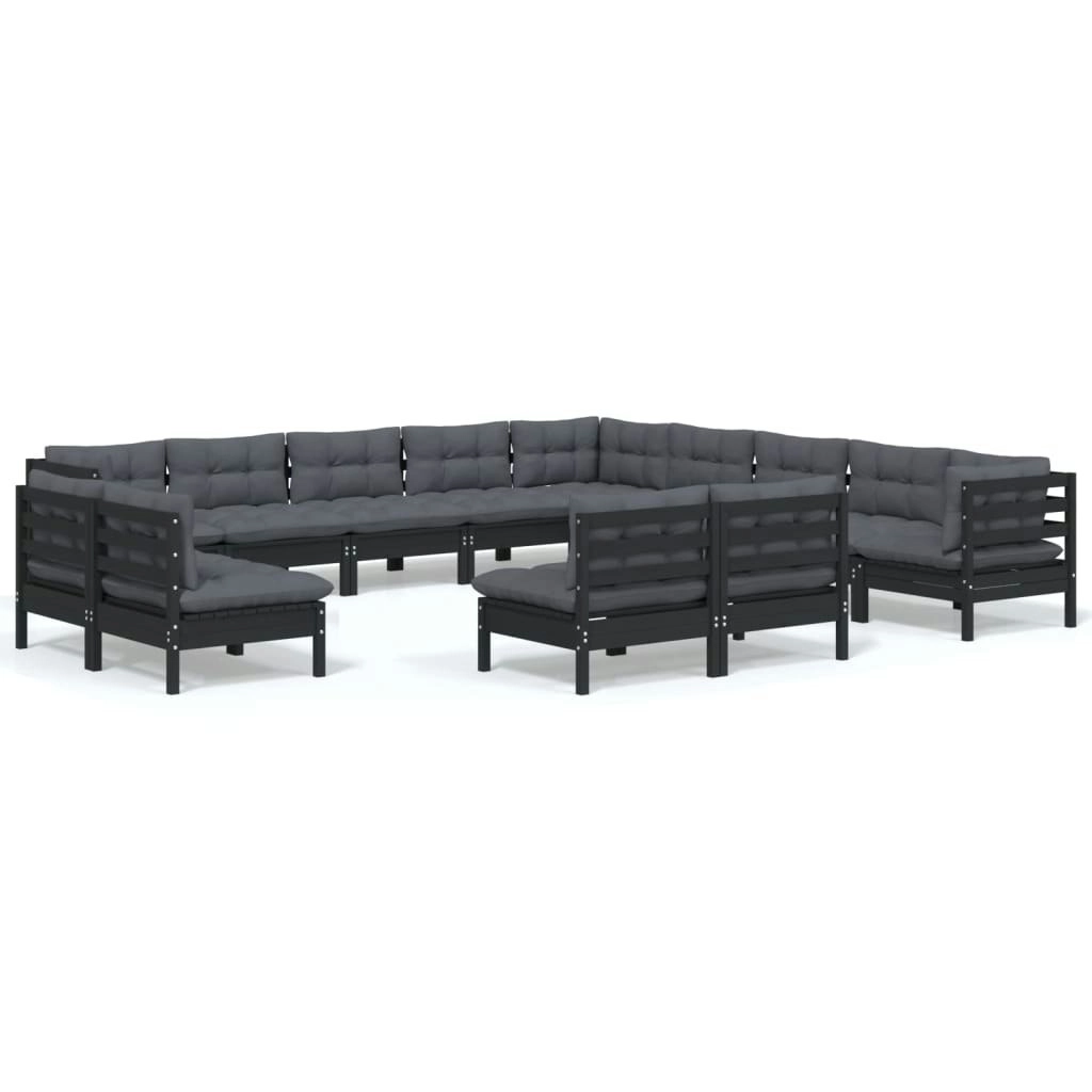 13 Piece Garden Lounge Set with Cushions Black Solid Pinewood 3096891