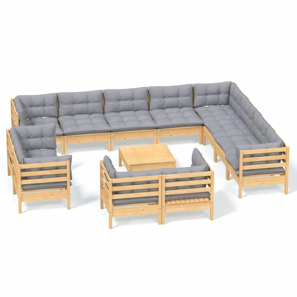 13 Piece Garden Lounge Set with Grey Cushions Solid Pinewood 3096952