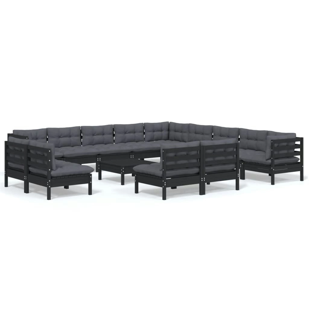 14 Piece Garden Lounge Set with Cushions Black Solid Pinewood 3096897