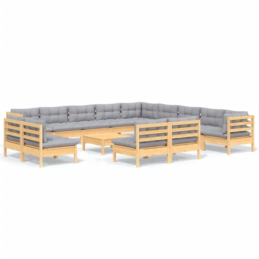 14 Piece Garden Lounge Set with Grey Cushions Solid Pinewood 3096892