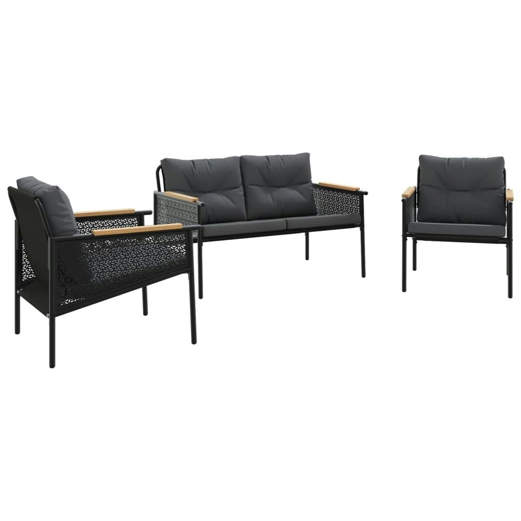 3 Piece Balcony Furniture Set with Cushions Black Steel 3283635