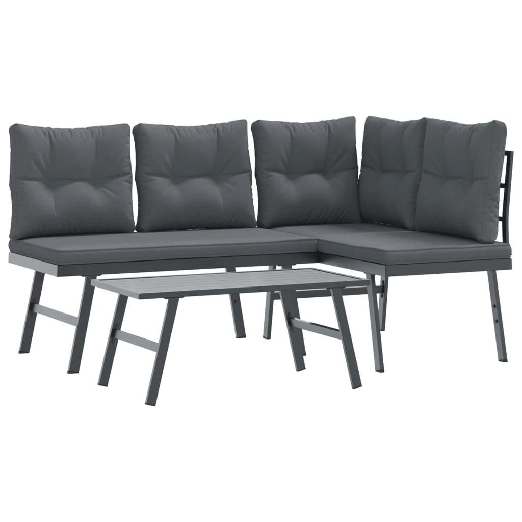 3 Piece Garden Bench Set with Cushions Black Powder-coated Steel 3283711